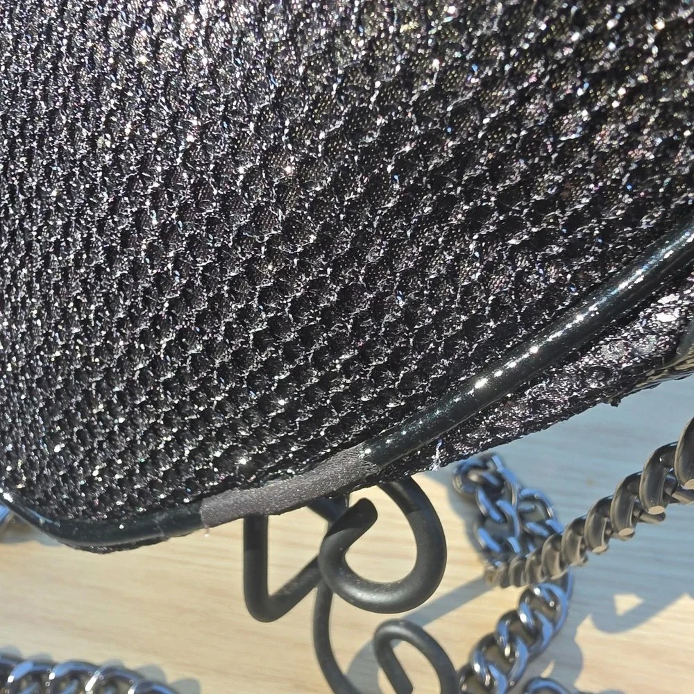 Betsey Johnson Black Sequin Heart Crossbody Bag Gunmetal Chain Strap